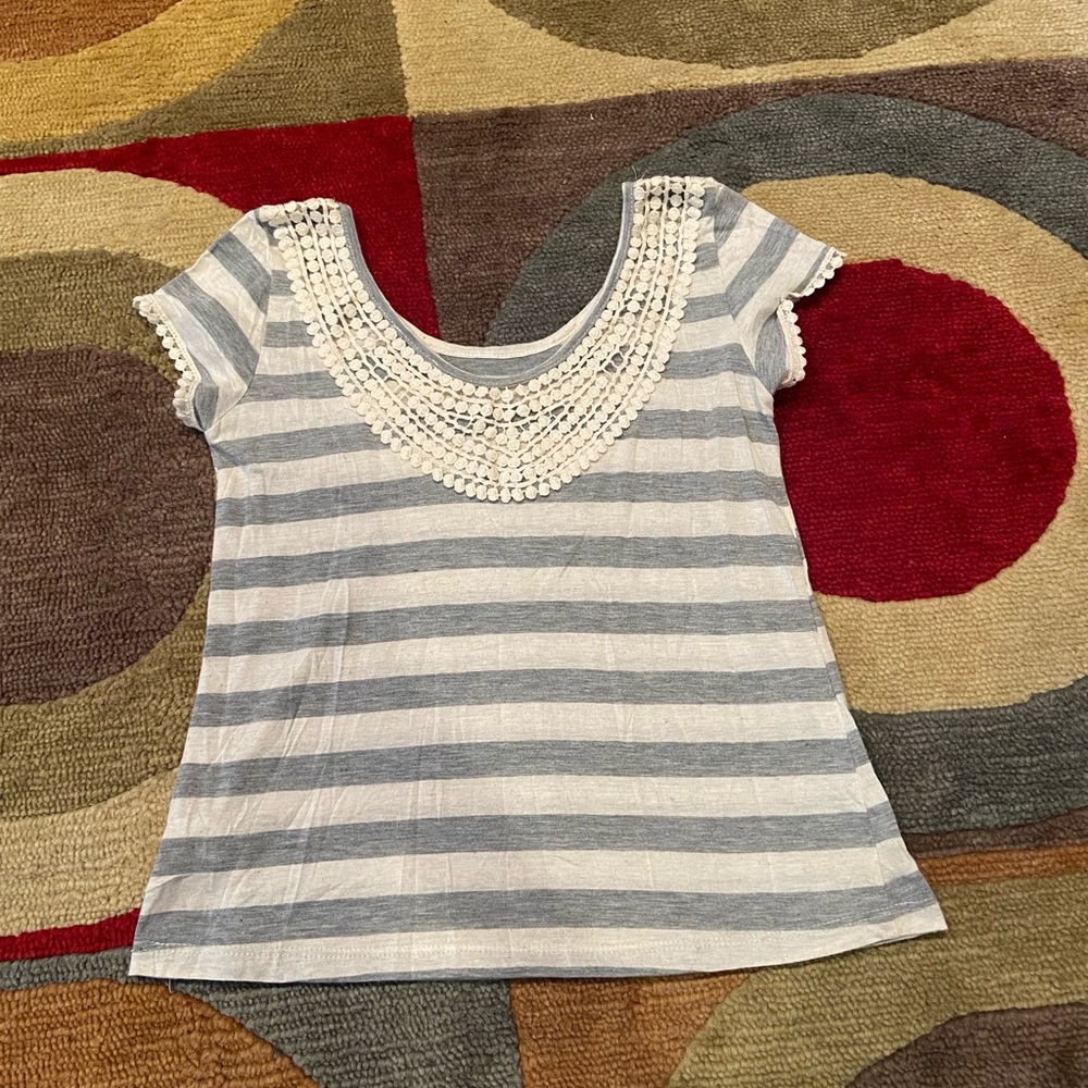 10 for $15 Charlotte Russe y2k Bohemian Eyelet Crochet Grey Stripe T Shirt Top S
